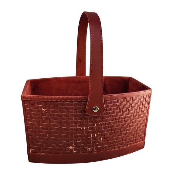 Woven Faux Leather and Wood Basket With Handle - Rectangular Design Deep Red Col - Picture 1 of 14